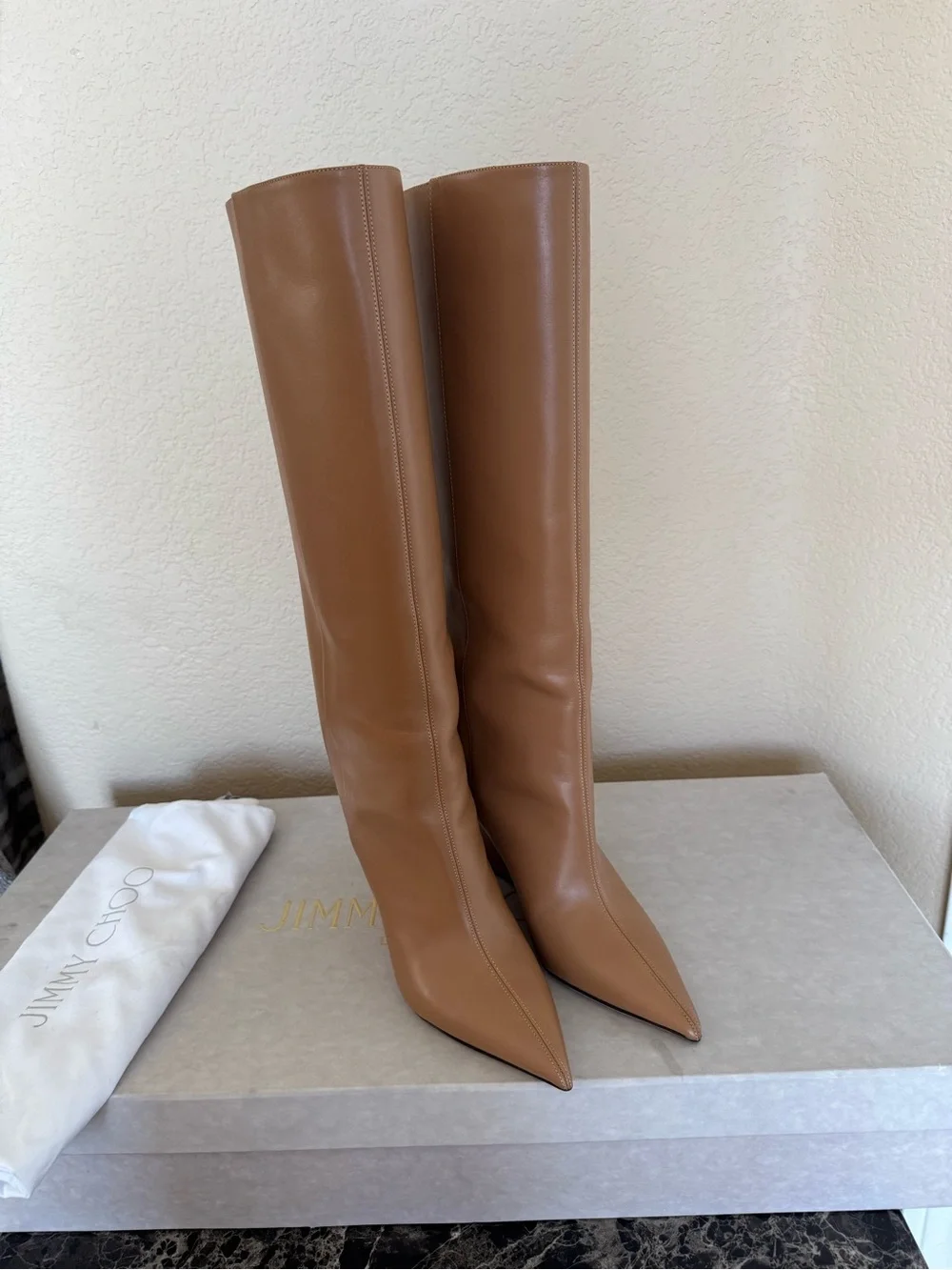 Jimmy Choo Tall Pointed-Toe Over-the-Knee Boots — Tan